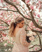 Stunning Long Mermaid V-neck Lace Front Slit Wedding Dress with Sleeves
