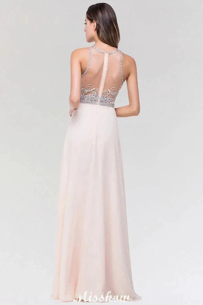 Stylish A-Line Chiffon Tulle Scoop Sleeveless Floor-Length Bridesmaid Dress with Beadings