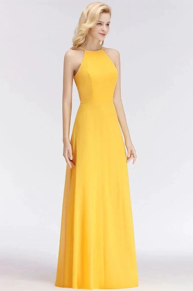 Stylish A-line Halter Sleeveless Floor Length Yellow Bridesmaid Dresses