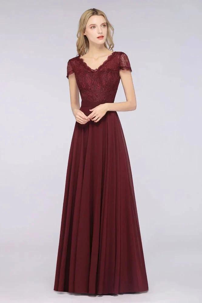 Stylish A-Line V-Neck Cap-Sleeves Floor-Length Bridesmaid Dress