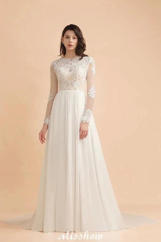 Stylish Crew Neck Lace Appliques Wedding Dress Long Sleeve Chiffon Simple Bridal Gown