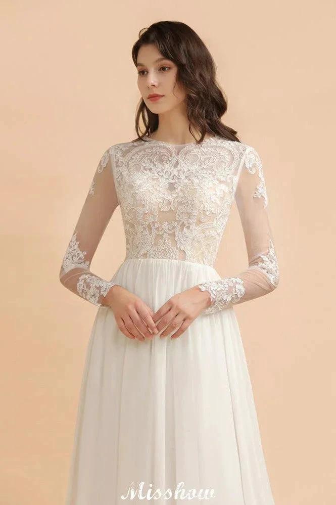 Stylish Crew Neck Lace Appliques Wedding Dress Long Sleeve Chiffon Simple Bridal Gown