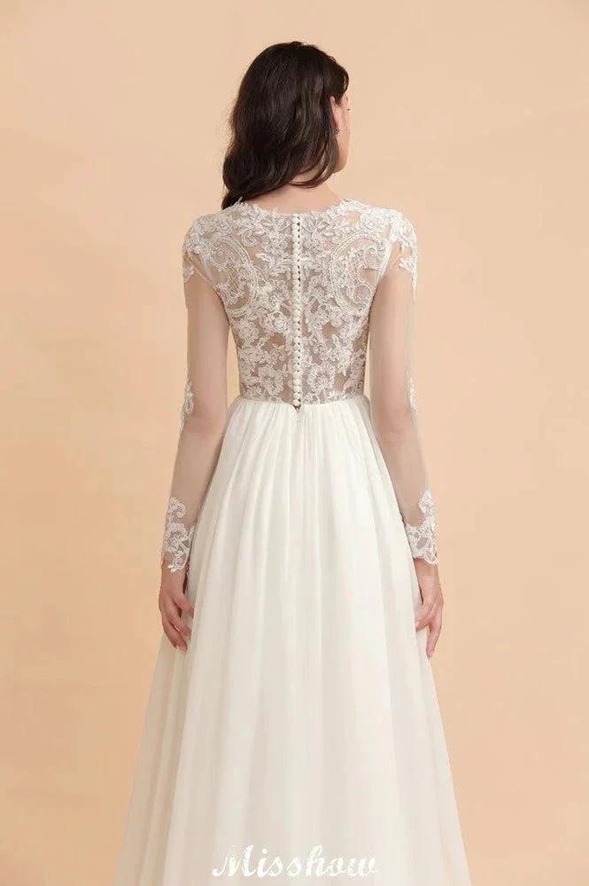 Stylish Crew Neck Lace Appliques Wedding Dress Long Sleeve Chiffon Simple Bridal Gown