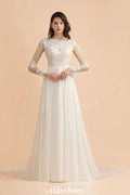 Stylish Crew Neck Lace Appliques Wedding Dress Long Sleeve Chiffon Simple Bridal Gown
