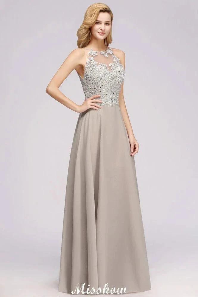 Stylish Floral Appliques Sleeveless Evening Party Gown Aline Silver Chiffon Long Bridesmaid Dress