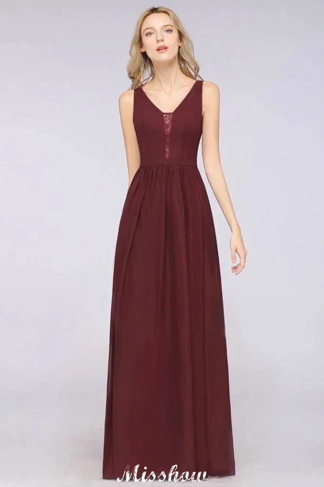 Stylish V-Neck aline Evening Maxi Gown Chiffon Sleeveless Bridesmaid Dress Burgundy
