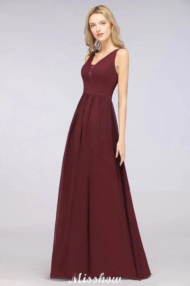 Stylish V-Neck aline Evening Maxi Gown Chiffon Sleeveless Bridesmaid Dress Burgundy