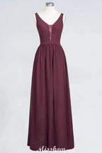 Stylish V-Neck aline Evening Maxi Gown Chiffon Sleeveless Bridesmaid Dress Burgundy