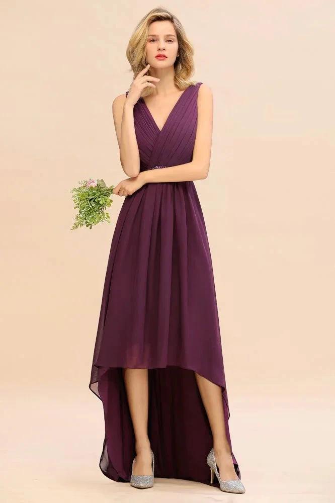 Stylish V-Neck Hi-Lo Party Dress A-line Beads Chiffon Bridesmaid Dress