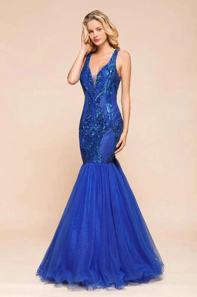 Stylish V-Neck Sparkly Sequined Mermaid Prom Dress Sleeveless Floor Length Ruffy Evening Gown