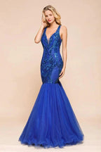 Stylish V-Neck Sparkly Sequined Mermaid Prom Dress Sleeveless Floor Length Ruffy Evening Gown