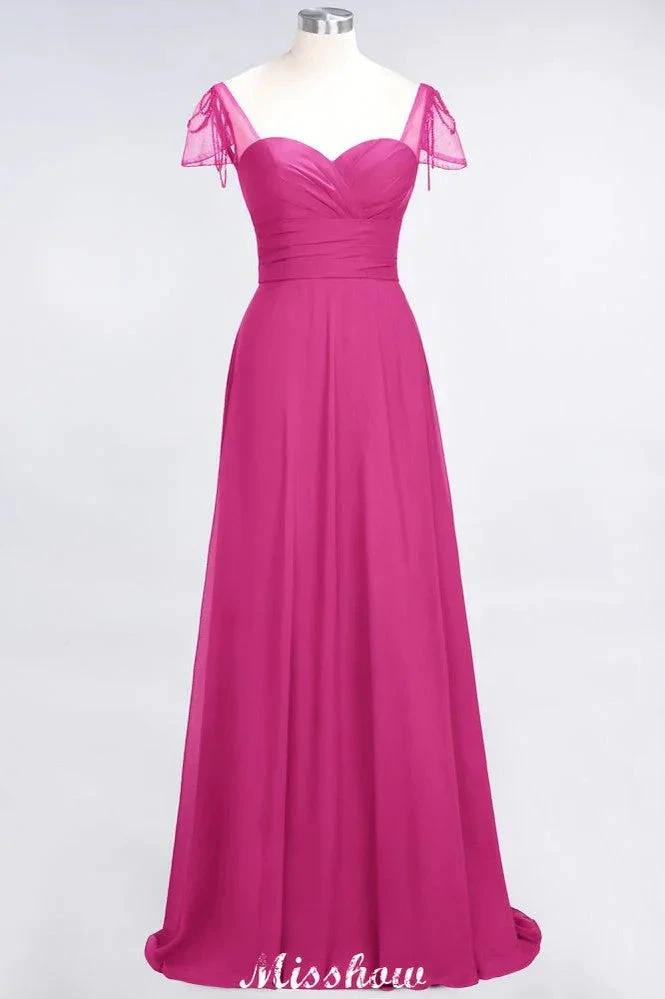 Sweetheart Cap-Sleeves Ruffle Floor-Length Bridesmaid Dress with Beadings Moher if the Bride Dresses