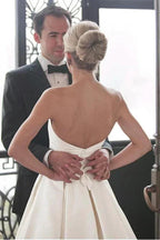 Sweetheart Court Train Ivory Satin Wedding Dress with Ruched WD122
