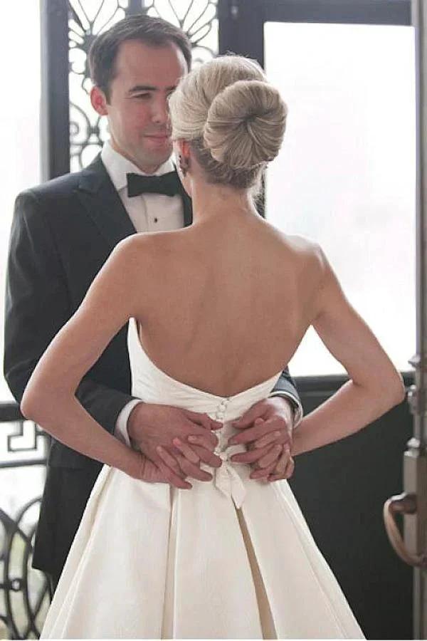 Sweetheart Court Train Ivory Satin Wedding Dress with Ruched WD122