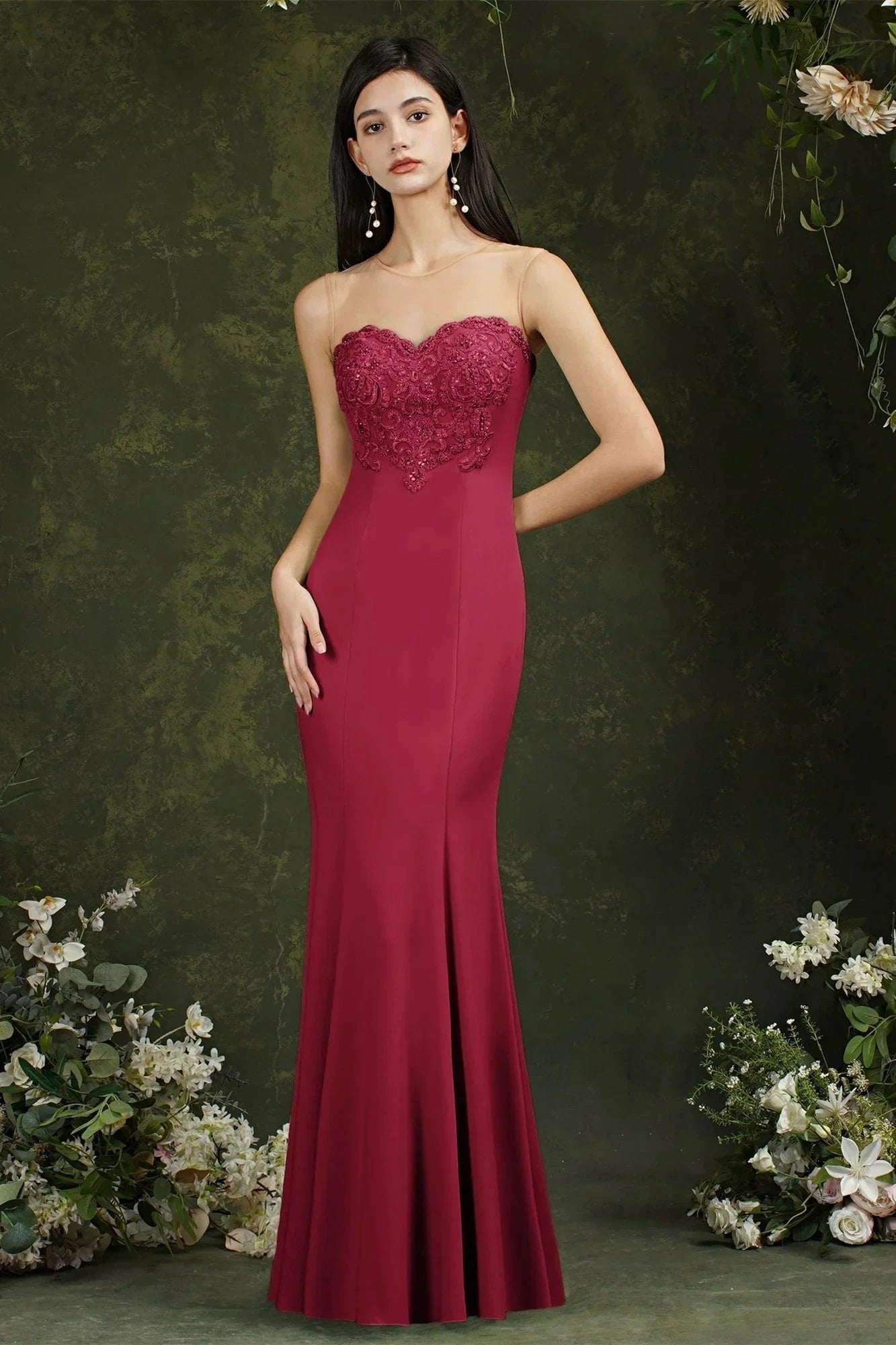 Sweetheart Floral Lace Tulle Mermaid Long Prom dress