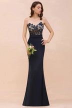 Sweetheart Floral Mermaid Bridesmaid Dress Sleeveless Navy Formal Party Dress