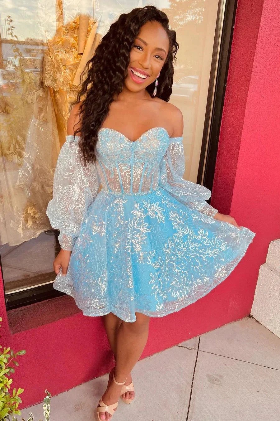 Sweetheart Long Sleeve Sequined Homecoming Dress With Lace