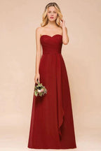 Sweetheart Red Bridesmaid Dress Chiffon Floor-Length Wedding Guest Dress backless