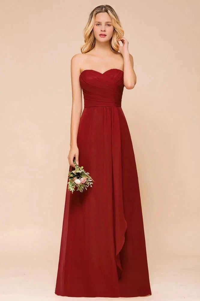Sweetheart Red Bridesmaid Dress Chiffon Floor-Length Wedding Guest Dress backless