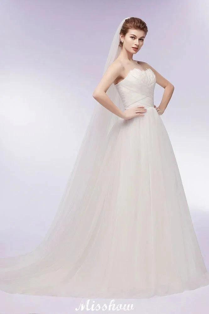 Sweetheart Strapless A-line Feathers Tulle Wedding Dresses