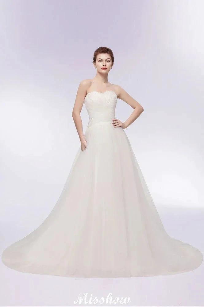 Sweetheart Strapless A-line Feathers Tulle Wedding Dresses