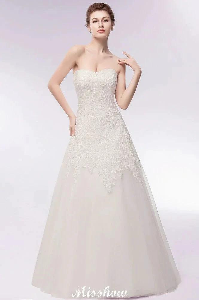 Sweetheart Strapless A-line Long Lace Tulle Wedding Dresses