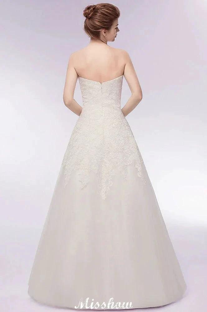 Sweetheart Strapless A-line Long Lace Tulle Wedding Dresses