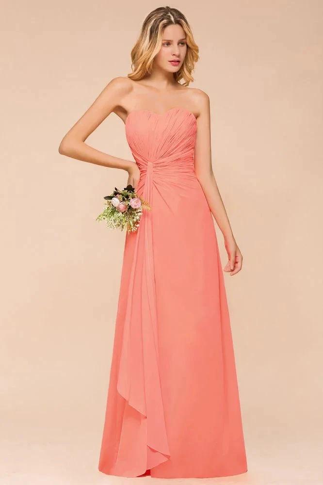 Sweetheart Strapless Ruffle Bridesmaid Dress Chiffon Long Maid of Honor Dress