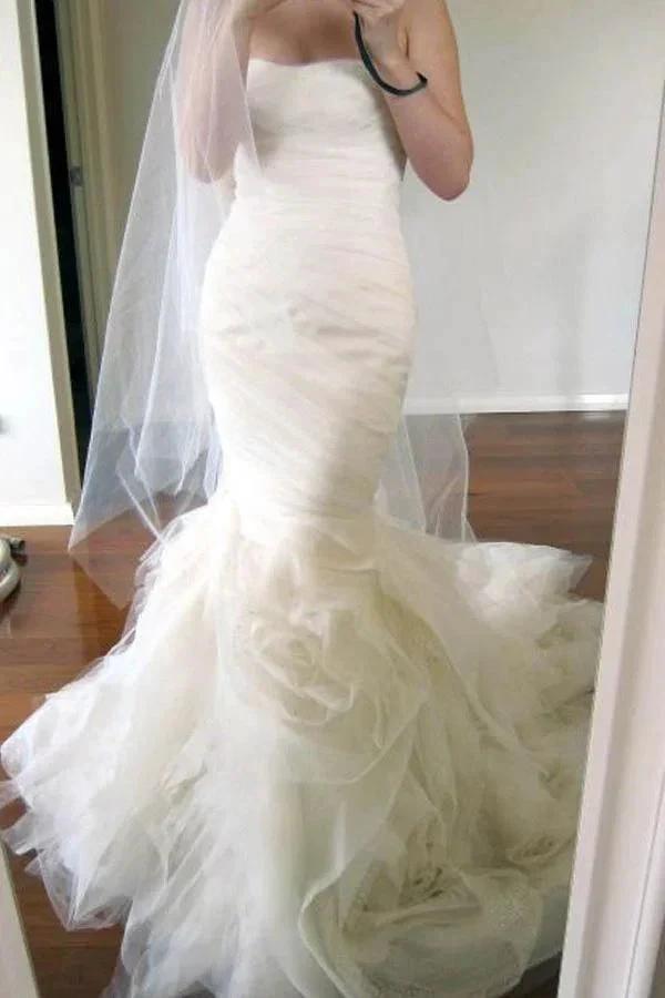 Sweetheart Sweep Train Tiered Mermaid  Ivory Wedding Dress Ruched WD162