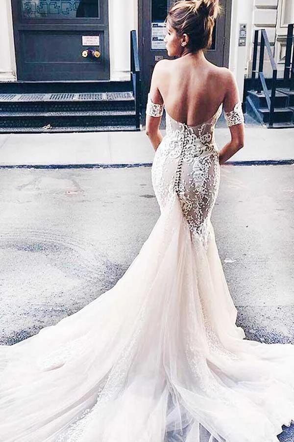 Sweetheart Watteau Train Mermaid Wedding Dress with White Lace WD270
