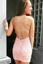 Tie Back Appliqued Sheath Pink Short Prom Dress Homecoming Dress PD327