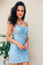 Tie Back Appliqued Sheath Pink Short Prom Dress Homecoming Dress PD327
