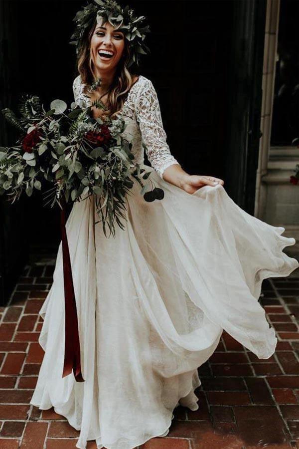 Two Piece 3/4 Sleeve Chiffon Wedding Dresses Wedding Dress  WD314
