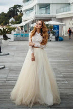 Two Piece A-line Long Lace Tulle Wedding Dress with Sleeves