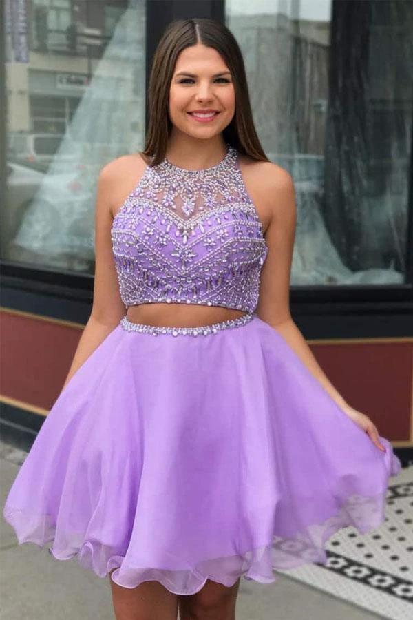 Two Piece High Neck Beading Lilac Chiffon Homecoming Dress PD335