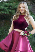 Two Piece High Neck Cut-out Burgundy Homecoming Party Dress PD035