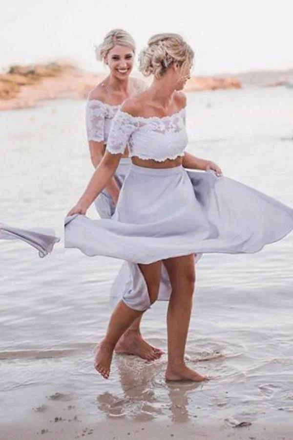 Two Piece Off-the-Shoulder Grey Chiffon Bridesmaid Dress with Lace BD051