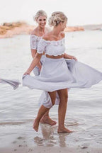 Two Piece Off-the-Shoulder Grey Chiffon Bridesmaid Dress with Lace BD051