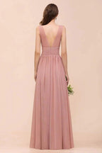 U-Neck High Waist Bridesmaid Dress Long Chiffon Formal Party Dress
