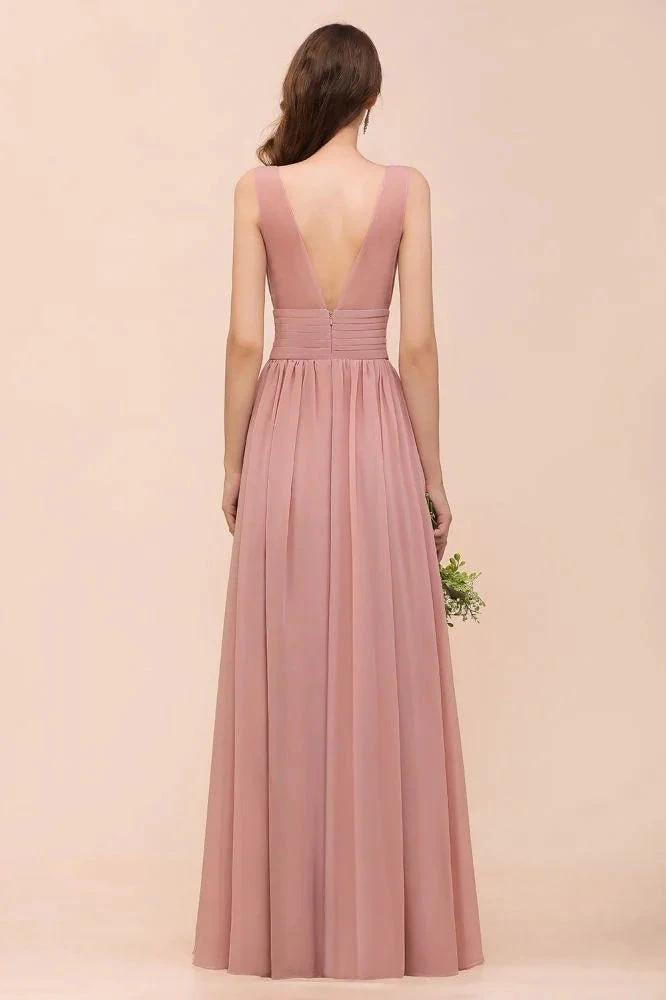 U-Neck High Waist Bridesmaid Dress Long Chiffon Formal Party Dress