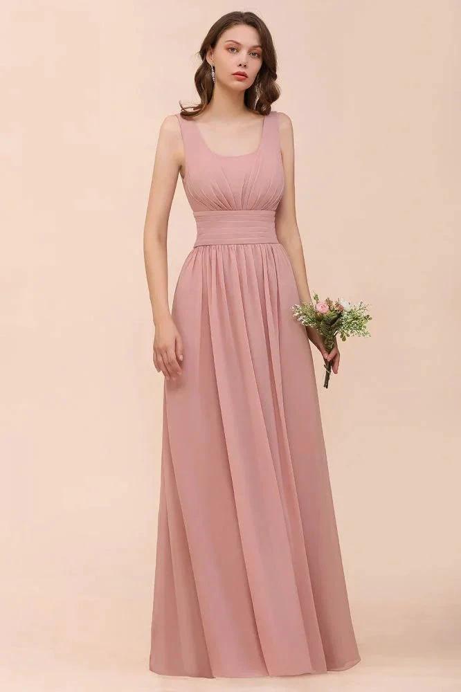 U-Neck High Waist Bridesmaid Dress Long Chiffon Formal Party Dress