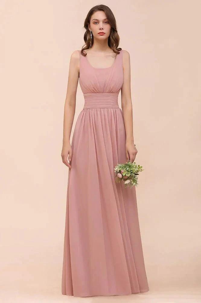 U-Neck High Waist Bridesmaid Dress Long Chiffon Formal Party Dress