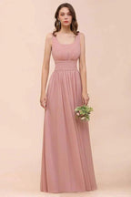 U-Neck High Waist Bridesmaid Dress Long Chiffon Formal Party Dress
