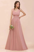 U-Neck High Waist Bridesmaid Dress Long Chiffon Formal Party Dress