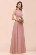 U-Neck High Waist Bridesmaid Dress Long Chiffon Formal Party Dress