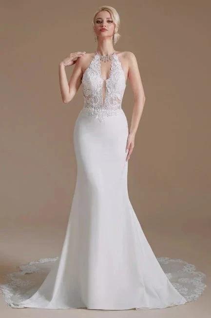 Unique Halter Sleeveless Mermaid Floor-Length Satin Wedding Dresses with Pattern