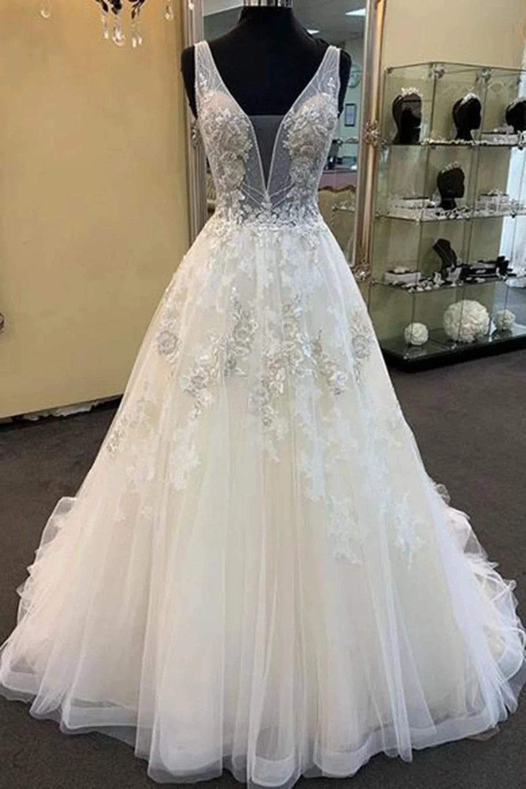 Unique Long A-line Tulle V Neck Beaded Lace Wedding Dress