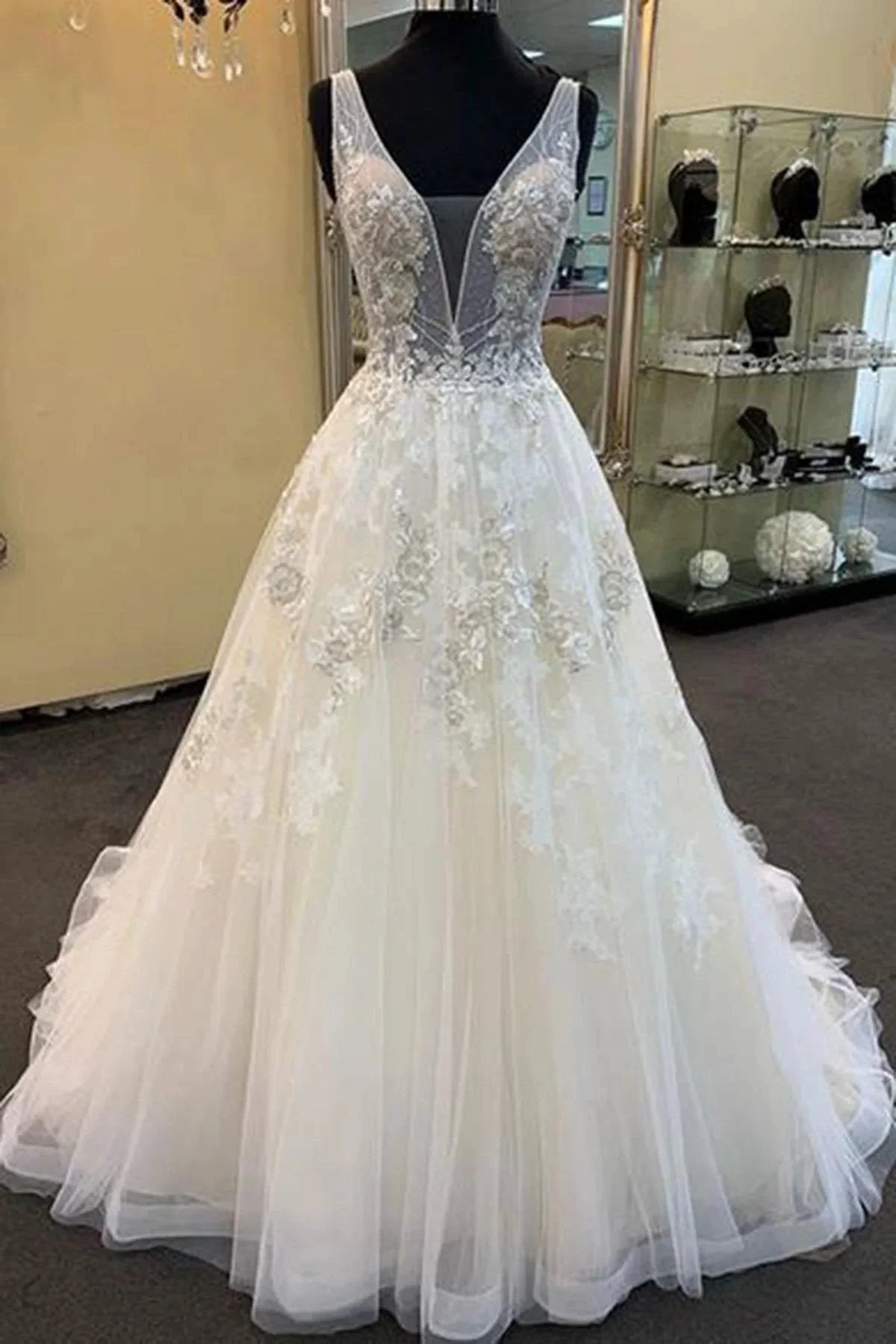 Unique Long A-line Tulle V Neck Beaded Lace Wedding Dress