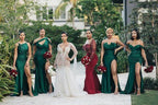 Unique Off-the-shoulder Strapless Emerald Green Elastic Satin Long Bridesmaid Dress
