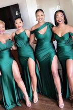 Unique Off-the-shoulder Strapless Emerald Green Elastic Satin Long Bridesmaid Dress